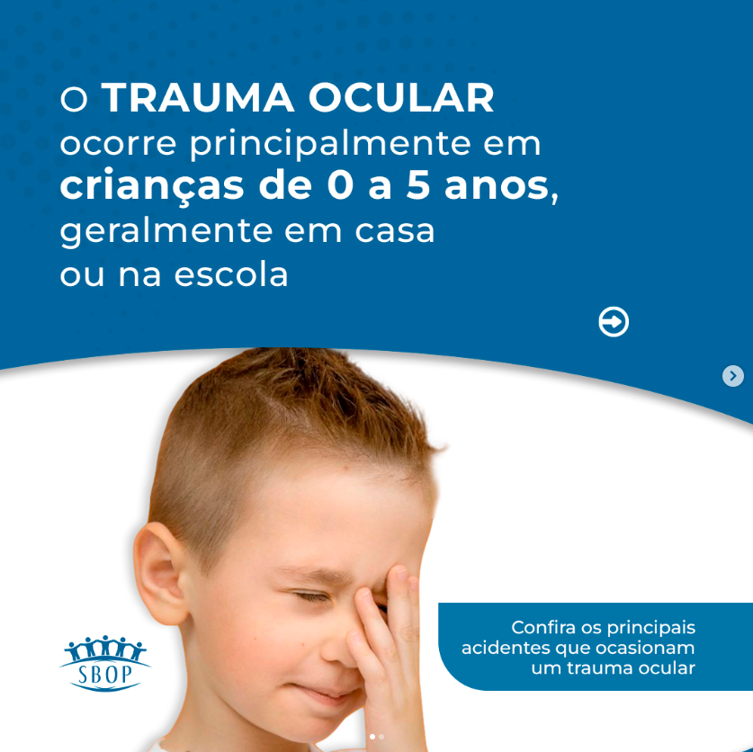 O trauma ocular ocorre principalmente em crianças de 0 a 5 anos, geralmente em casa ou na escola.